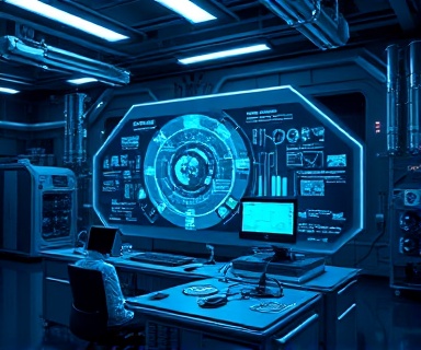 collaborative innovation, inspired, developing groundbreaking solutions, photorealistic, high-tech lab with futuristic gadgets and interactive boards, highly detailed, dynamic collaboration with digital interfaces, high resolution, electric blue and silver tones, studio lighting, shot with a 24mm lens.