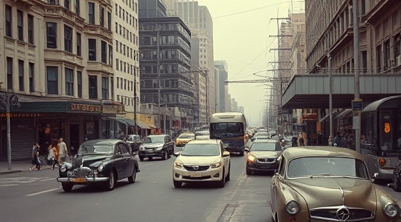 classic historical photos, poignant expression, illustrating forgotten eras, photorealistic, urban landscapes from the past, highly detailed, moving vehicles and bustling streets, fine grain texture, mono-color palette, diffused lighting, shot with a Hasselblad 500C
