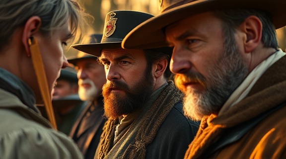 unveiled historical moments, reflective expression, moments frozen in time, photorealistic, historical reenactments in outdoor settings, highly detailed, transitioning seasons, vivid colors, golden hour lighting, shot with a Sigma 35mm f/1.4 DG HSM Art lens