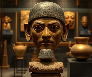 ancient historical artifacts, mysterious expression, showcasing cultural heritage, photorealistic, museum display under glass cases, highly detailed, ambient reflections, high-resolution detail, earthy tones, spotlight lighting, shot with a Canon EF 50mm f/1.2L