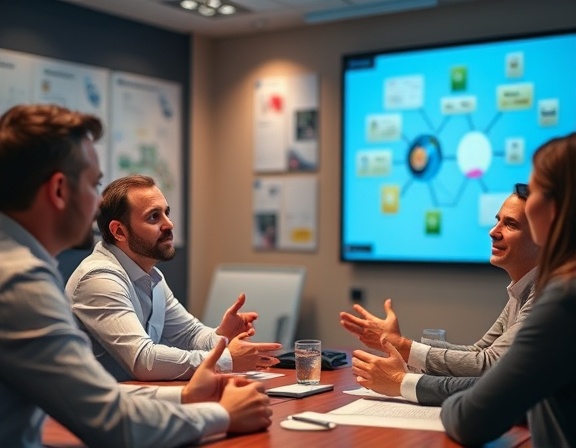 collaborative brainstorming, focused, exchanging innovative ideas, photorealistic, conference room with digital screens and mind maps on walls, highly detailed, animated gestures and expressions, shallow depth of field, cool colors, soft ambient lighting, shot with a 35mm lens.