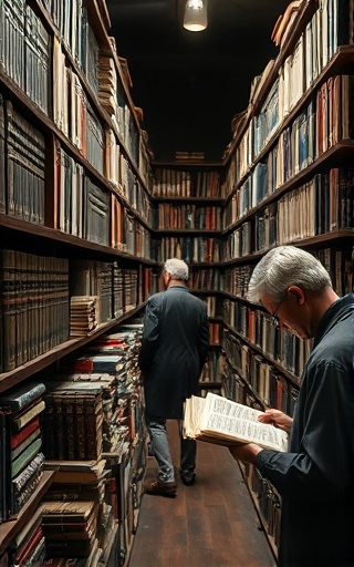 Books archive, historical, preserving rare manuscripts, photorealistic, temperature-controlled room with sophisticated security, highly detailed, scholars examining documents, grayscale with a touch of color, soft artificial lighting, shot with a 70mm macro lens.