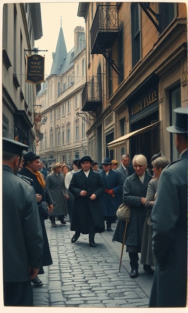 iconic historical moments, nostalgic expression, capturing turning points in history, photorealistic, cobblestone streets of a bygone era, highly detailed, people in historical attire, smooth focus, muted colors, natural lighting, shot with a vintage Polaroid camera