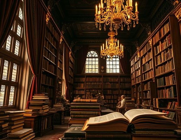 Antique books collection, nostalgic, meticulously displayed, photorealistic, ornate library with velvet curtains, highly detailed, golden chandeliers reflection, dynamic composition, sepia tint, dramatic uplighting, shot with an 85mm lens.