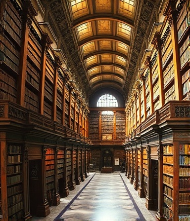 Sprawling books library, majestic, echoing knowledge, photorealistic, grand marble halls with towering wooden shelves, highly detailed, sunlight streaming through large windows, rich tones, natural lighting, shot with a 35mm lens.
