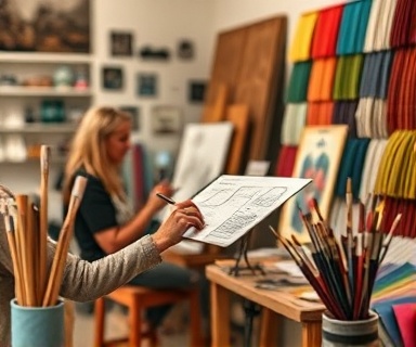 collaborative design, creative, sketching a new concept, photorealistic, art studio filled with design tools and colorful swatches, highly detailed, interplay of textures and materials, fine focus, warm tones, directional lighting, shot with an 85mm lens.