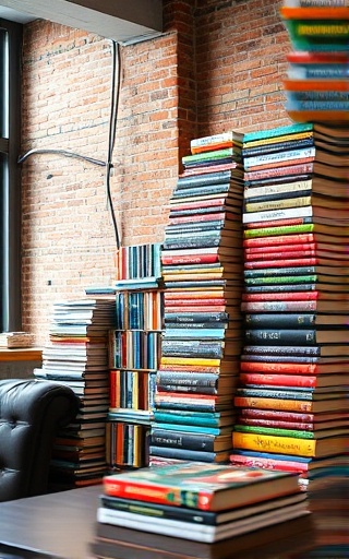 Eclectic books collection, vibrant, artfully stacked, photorealistic, urban loft with exposed brick walls, highly detailed, coffee table in view, colorful mix, diffused morning light, shot with a 28mm prime lens.