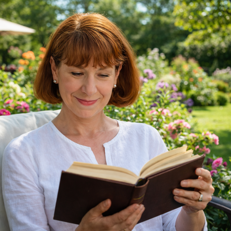 Nancy reading in a garden