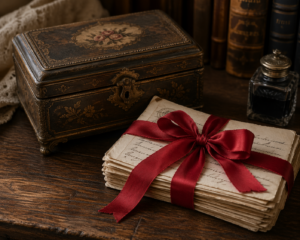 Antique keepsake box with letters tied with a ribbon.