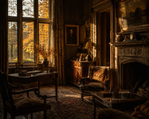 English Manor parlor through the window