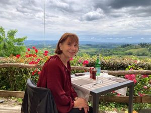 Nancy on patio in Europe